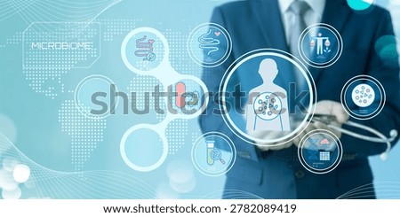 Professional analyzing digital human microbiome health technology and medical research interface design concept