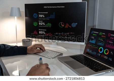 Professional analyzing ESG performance overview on dual screens, meticulously monitoring environmental, social, and governance metrics