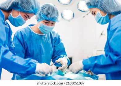 Professional anesthesiologist doctor medical team and assistant preparing patient to gynecological surgery performing operating with surgery equipment in modern hospital operation emergency room - Shutterstock ID 2188051087