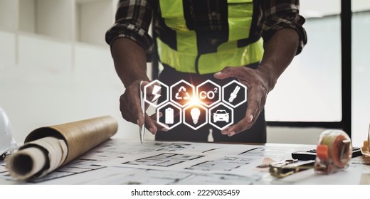 Professional architect designer structural engineer working with blueprint design project