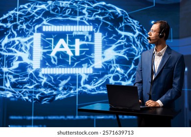 Profissional de TI em local de trabalho de inteligência artificial gerenciando tarefas de call center, falando no fone de ouvido. Funcionários da empresa de IA conversando com clientes através de microfone de fones de ouvido