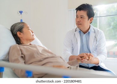 Professional Asia Doctor Holding Elderly Woman Hand Who Lying Down On The Bed At Nursing Home. Caregiver Provide Care Medical Service Help Support Smiling Old Grandma At Home Care Medical 