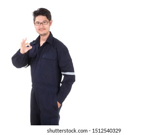Professional Asian Engineer. Looking at camera ISOLATED on white background. OK POSE WITH COPY SPACE.