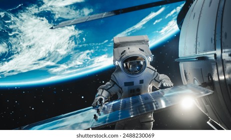 Professional Astronaut Servicing a Solar Electric Panel Outside of a Spacecraft on a Routine Maintenance Check in Outer Space. Advanced Space Technology, Sustainable Energy, Universe Exploration.