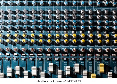Professional Audio dj mixer console, sound tools and gear, studio equipment picture, selective focus picture of faders