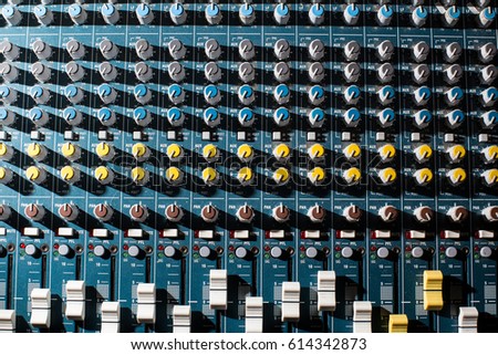Professional Audio dj mixer console, sound tools and gear, studio equipment picture, selective focus picture of faders