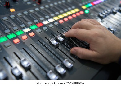 Professional Audio Mixing Console. ​Mixer. Pro Audio Mixing Board Faders And Knobs. Static Shot Of Multi-track Music Recording Equipment Faders And Sliders.       