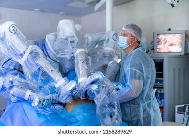 Professional automatic robot machine in operating room. Modern robot operating in emergency ward. - Shutterstock ID 2158289629