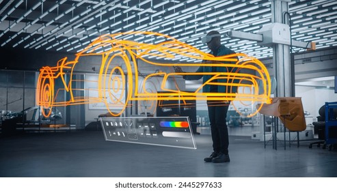 Professional Automotive Designer Using a Virtual Reality Software to Sketch a Prototype Car. Digital Visualization with Design Software UX Interface. African Artist Making Art in Metaverse Environment - Powered by Shutterstock