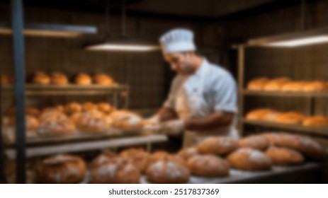 A professional baker in a bakery kitchen carefully inspecting freshly baked artisan bread. The warm light highlights the bread loaves and the focused, dedicated work - Powered by Shutterstock