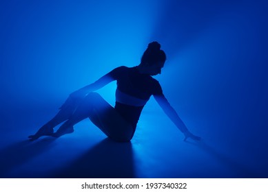 Professional ballerina dancing ballet in spotlights smoke on big stage. Beautiful young female wearing black bodysuit on floodlights background.