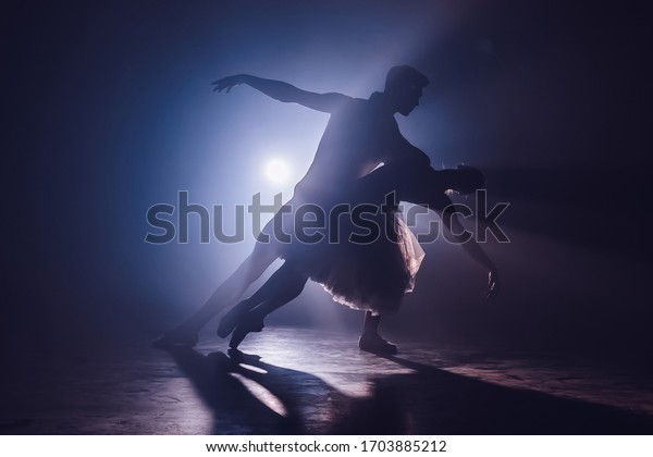 Professional ballet couple\
dancing in spotlights smoke on big stage. Beautiful young woman and\
man on floodlights background. Emotional duet performing\
choreographic art.