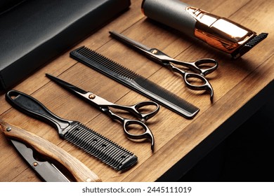 Professional Barber Tools Laid Out on Wooden Surface for Mens Grooming Session - Powered by Shutterstock