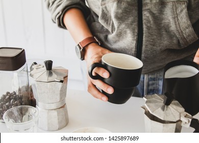 Professional Of Barista Making Hot Coffee With Equipment ,tool Brewing On Bar At Kitchen Home