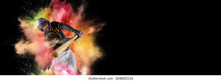 Professional baseball player in sports equipment training alone. Win, winner, victory concepts. Forward. One sportsman in explosion of colored neon powder isolated on dark background. Splashing of - Powered by Shutterstock