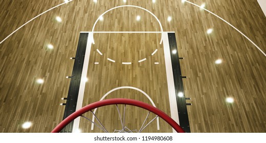 Professional Basketball Arena With Basketball Hoop In 3D. Top View Through The Basketball Hoop