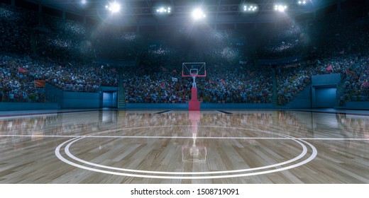 Professional basketball arena with basketball hoop in 3D.