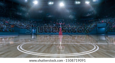 Professional basketball arena with basketball hoop in 3D.