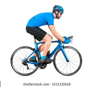 Professional Bicycle Road Racing Cyclist Racer  In Blue Sports Jersey On Light Carbon Race Cycle. Sport Exercise Training Cycling Concept Isolated On White Background