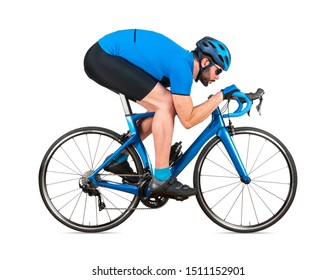 Professional Bicycle Road Racing Cyclist Racer  In Blue Sports Jersey On Light Carbon Race In Aerodynamic Downhill Descent Position Sport Training Cycling Concept Isolated On White Background