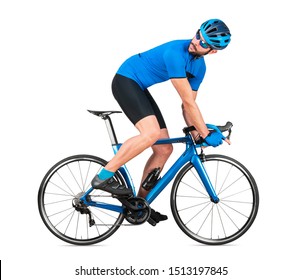 Professional Bicycle Road Racing Cyclist Racer  In Blue Sports Jersey On Light Carbon Race Looking Back Behind.  Sport Training Cycling Concept Isolated On White Background