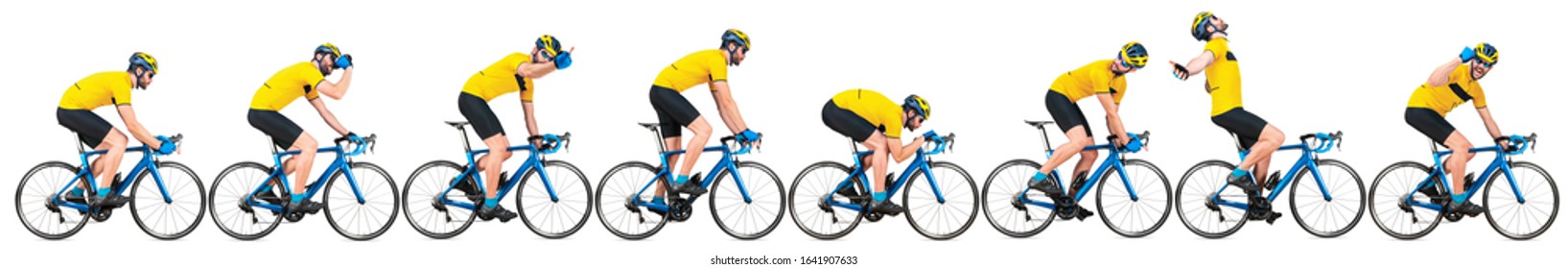 Professional Bicycle Road Racing Cyclist Racer Set Collection In Yellow Jersey On Light Weight Blue Carbon Race Cycle In Various Poses Position And Gestures Isolated On Wide White Panorama Background