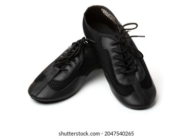 Professional Black Ballet Shoes For Jazz Dance On A White Background.