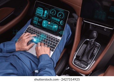 A professional in a blue suit interacts with a high-tech holographic car interface on a laptop inside a vehicle.
 - Powered by Shutterstock