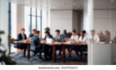 A professional boardroom with corporate executives in a business meeting, discussing strategies in a modern office with large glass windows and natural light - Powered by Shutterstock