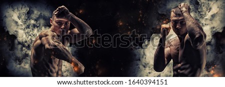 Professional boxer posing in the studio. Split two portraits. The concept of sport, boxing, healthy lifestyle, mma. Mixed media