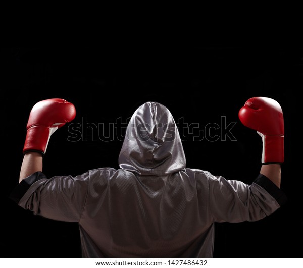 Professional boxer in\
victory pose.\
Champion.
