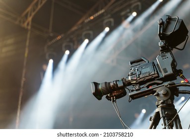 Professional broadcast digital video camera on stage.