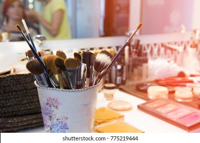 Professional Brushes Of Any Size For Visage. Equipment Of Facial Make Over Art. Set Of Professional Brushes.