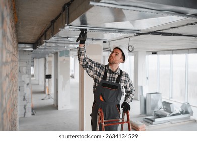 Professional builder installing an air conditioning system with tools on a busy construction site, ensuring optimal ventilation and comfort