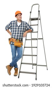 Professional Builder Near Metal Ladder On White Background