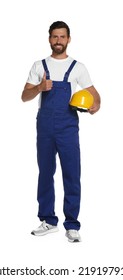 Professional Builder In Uniform With Hard Hat Isolated On White