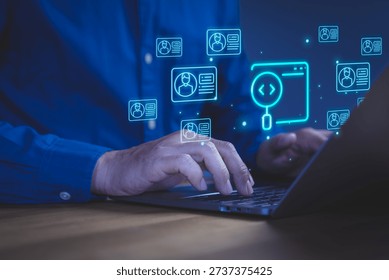 Professional business man using computer for digital search. Advanced technology in software programming, internet data management, and recruitment security solutions.