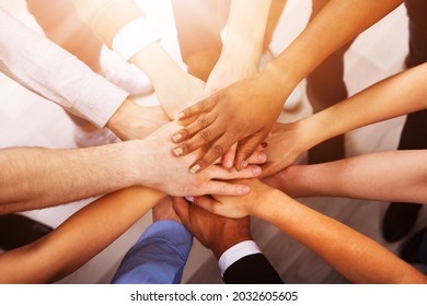 Professional Business Team Huddle And Hands. Diverse Group Management