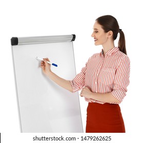 Professional business trainer near flip chart board on white background - Shutterstock ID 1479262625
