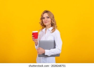 Professional Business Woman With Laptop Hold Takeaway Coffee Or Tea Paper Cup, Break