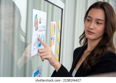 Professional business woman studying and point the data on sales chart on whiteboard, brainstorming, planning, discussing strategy, working on project.  Business woman analyzes information on chart. - Powered by Shutterstock