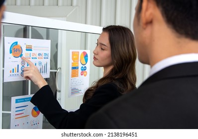 Professional business woman studying and point the data on sales chart on whiteboard, brainstorming, discussing strategy, working on project together.  Business woman analyzes information on chart. - Powered by Shutterstock