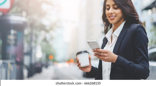 Professional Business Woman Using Technology Outside, Professional Female Manager Reading Information In Internet While Walking Outdoor