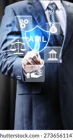 A professional businessman interacts with a digital interface showcasing AML Anti-Money Laundering compliance icons, symbolizing financial security and regulatory adherence