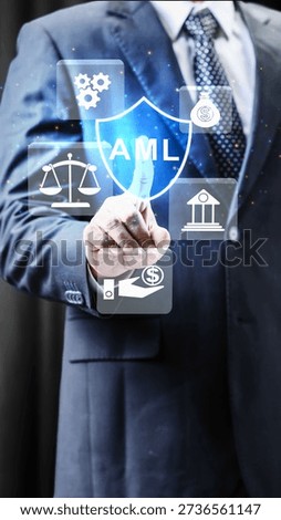 A professional businessman interacts with a digital interface showcasing AML Anti-Money Laundering compliance icons, symbolizing financial security and regulatory adherence