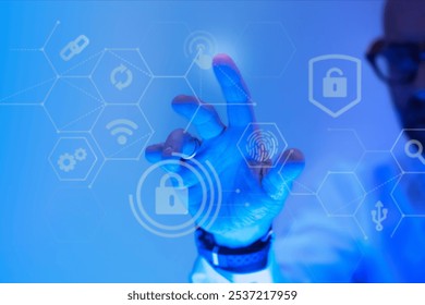 Professional businessman interacts with digital security icons. The image emphasizes digital security, technology, and innovation in a modern workspace. Digital security concept - Powered by Shutterstock