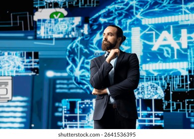 Professional businessman looks around at AI neural network system, employing digital brain visualization for machine learning and programming. Driving smart technology and algorithmic thinking.