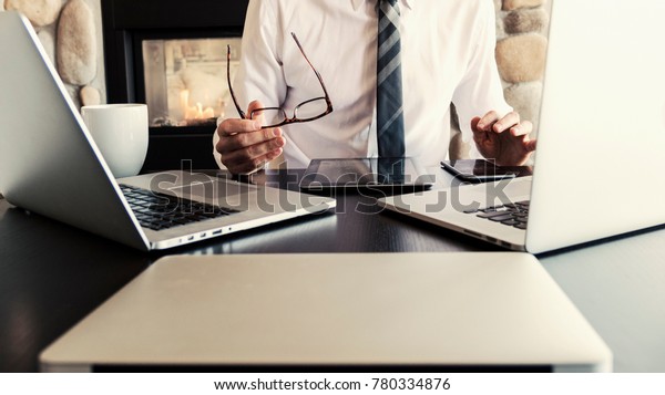 Professional Businessman Sitting Desk Multiple Laptop Stock Photo