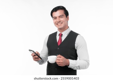 Professional Businessman Smiling Confidently While Holding Smartphone and Coffee Cup, Wearing Formal Attire in Office Environment,Isolated on White Background ,Corporate and Business Concept - Powered by Shutterstock