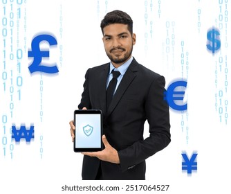 Professional businessman in suit holding tablet computer with shield symbol display on screen. Various blue currency symbols and coding displayed on white background. - Powered by Shutterstock - Get 15% off with code: PIKWIZARD15